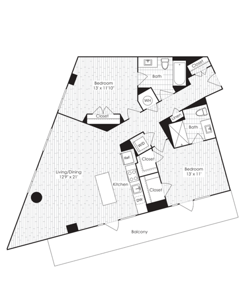 Floor plan for 2 beds, 2 baths, 1269 sqft